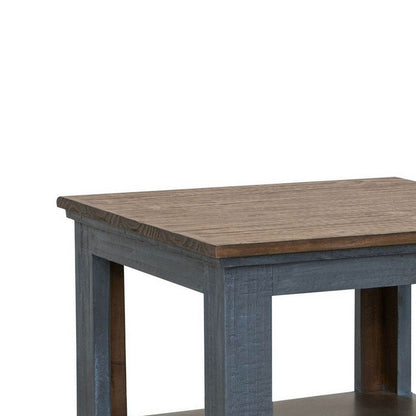 Rozy 26 Inch Side End Table, Pine Wood, 1 Drawer, Open Shelf, Brown, Blue