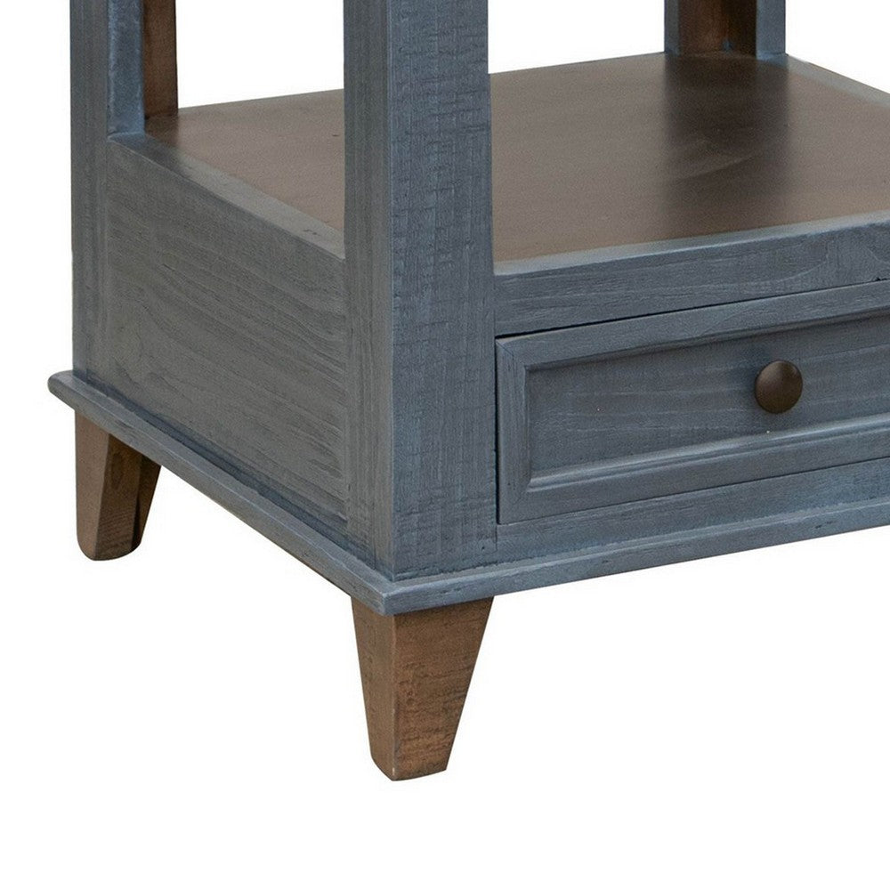 Rozy 26 Inch Side End Table, Pine Wood, 1 Drawer, Open Shelf, Brown, Blue