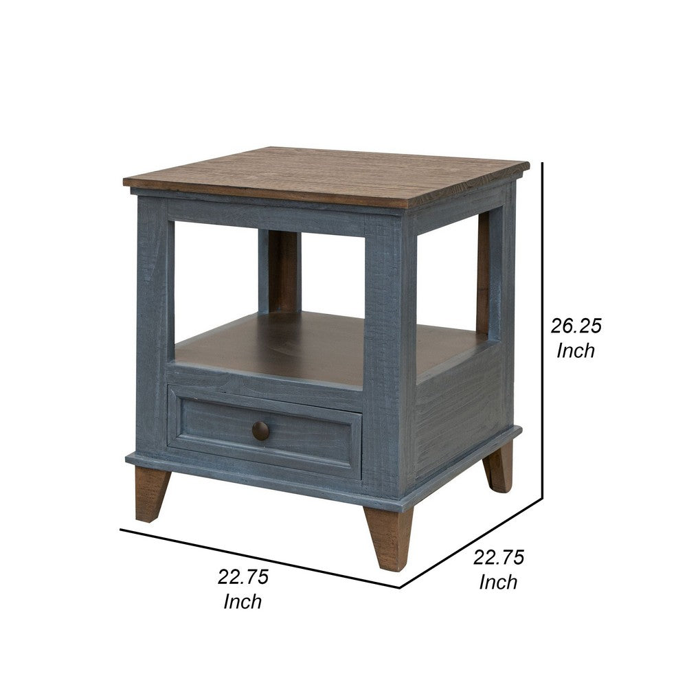 Rozy 26 Inch Side End Table, Pine Wood, 1 Drawer, Open Shelf, Brown, Blue