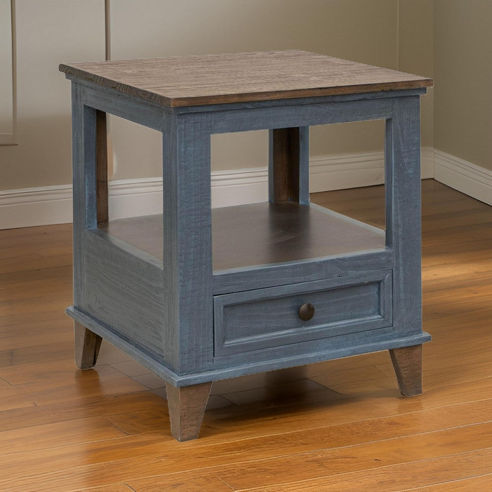 Rozy 26 Inch Side End Table, Pine Wood, 1 Drawer, Open Shelf, Brown, Blue