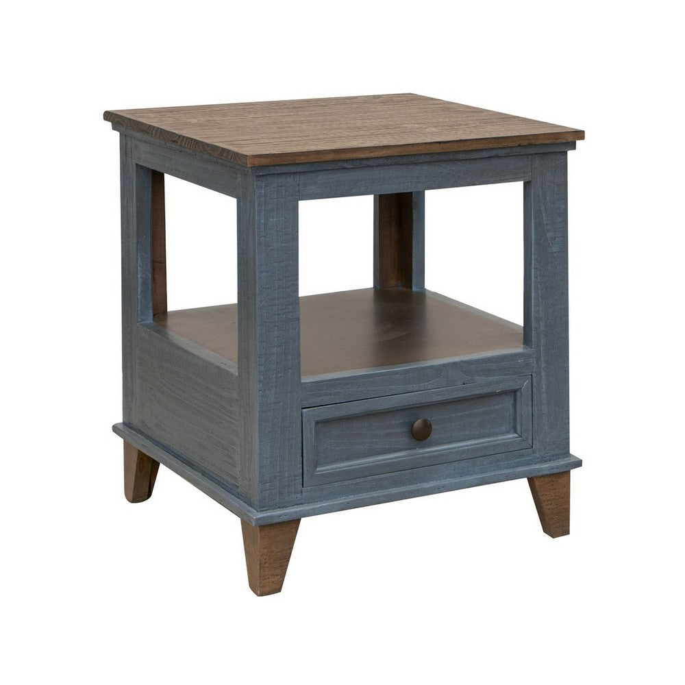 Rozy 26 Inch Side End Table, Pine Wood, 1 Drawer, Open Shelf, Brown, Blue