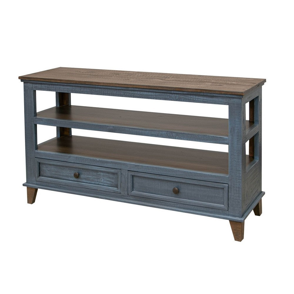 Rozy 55 Inch Sofa Table, Pine Wood, 2 Drawers, Open Shelves, Brown, Blue