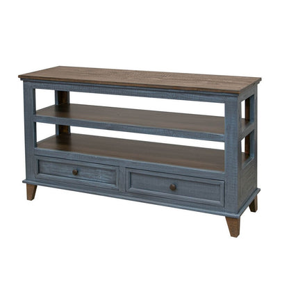 Rozy 55 Inch Sofa Table, Pine Wood, 2 Drawers, Open Shelves, Brown, Blue