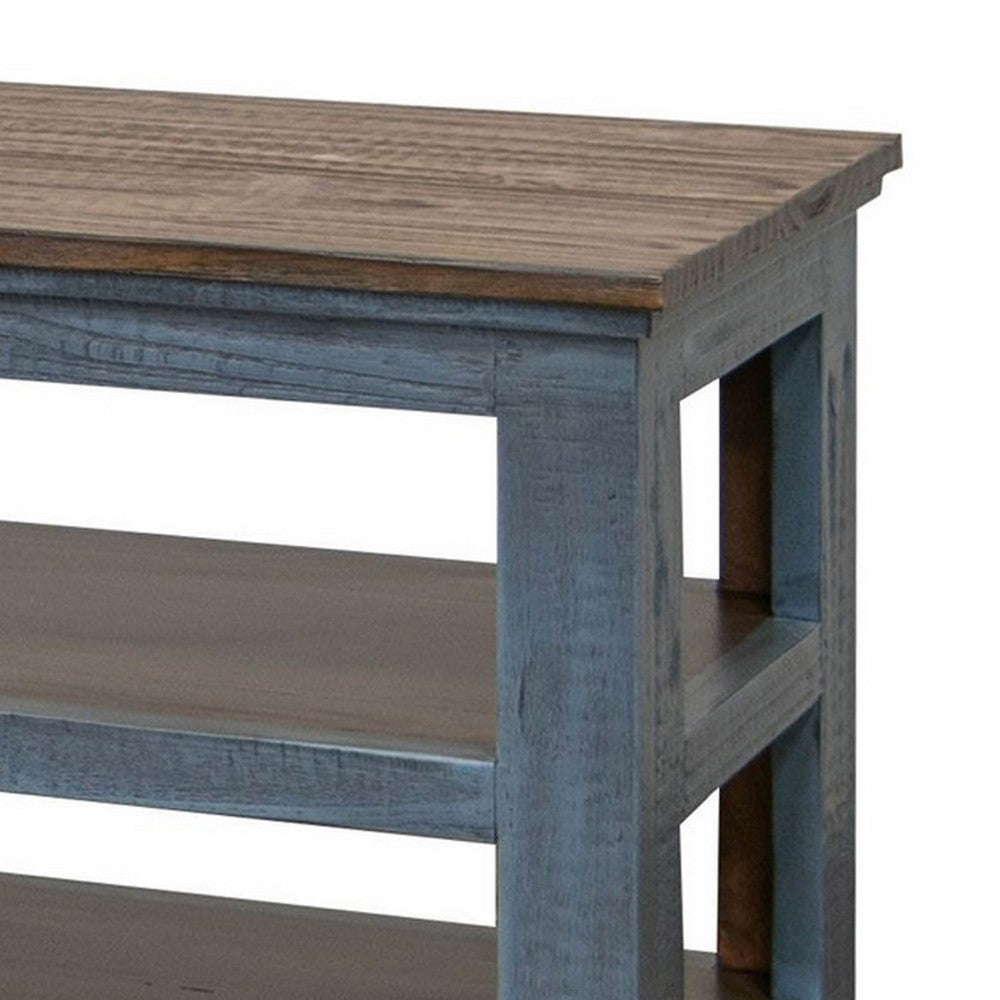Rozy 55 Inch Sofa Table, Pine Wood, 2 Drawers, Open Shelves, Brown, Blue