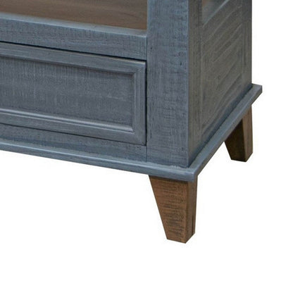 Rozy 55 Inch Sofa Table, Pine Wood, 2 Drawers, Open Shelves, Brown, Blue