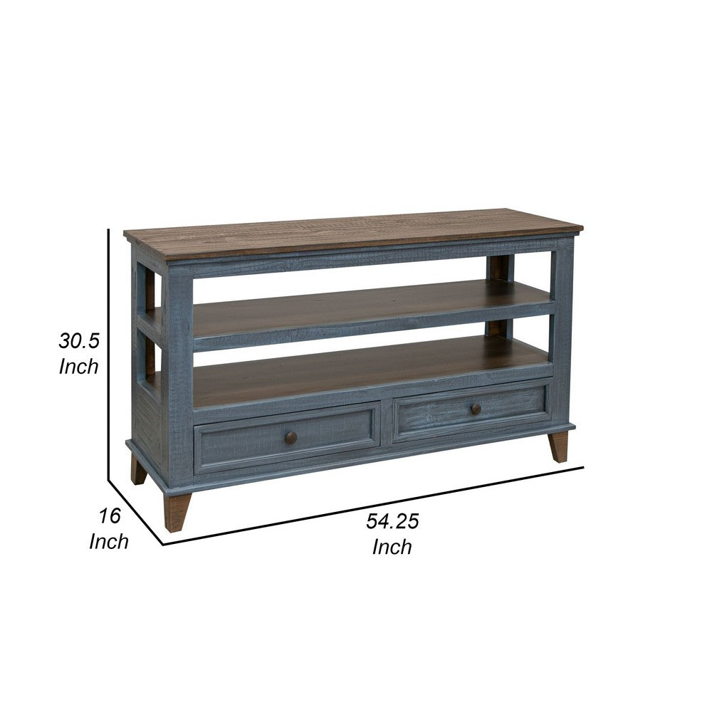 Rozy 55 Inch Sofa Table, Pine Wood, 2 Drawers, Open Shelves, Brown, Blue