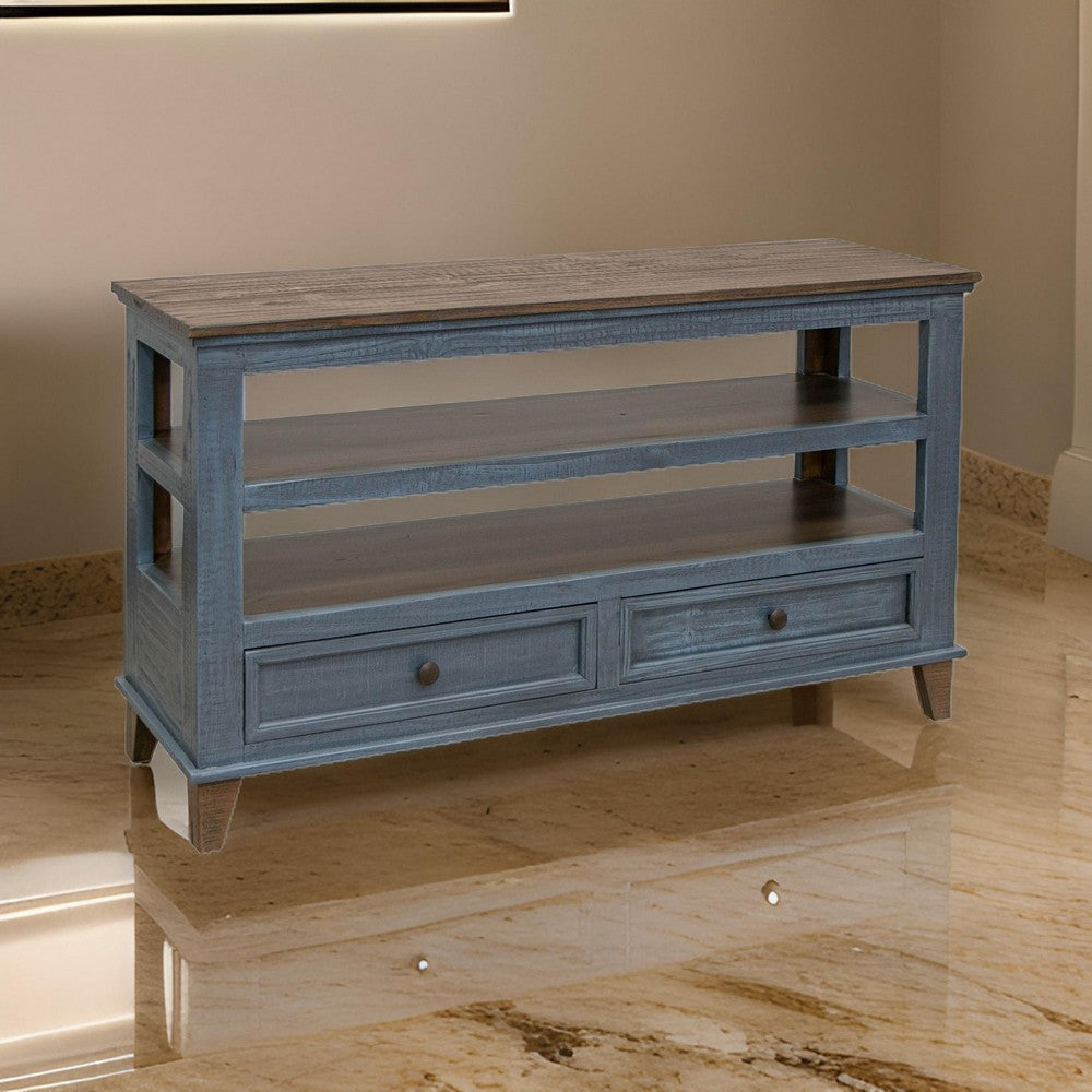 Rozy 55 Inch Sofa Table, Pine Wood, 2 Drawers, Open Shelves, Brown, Blue