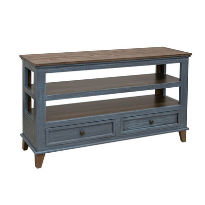 Rozy 55 Inch Sofa Table, Pine Wood, 2 Drawers, Open Shelves, Brown, Blue