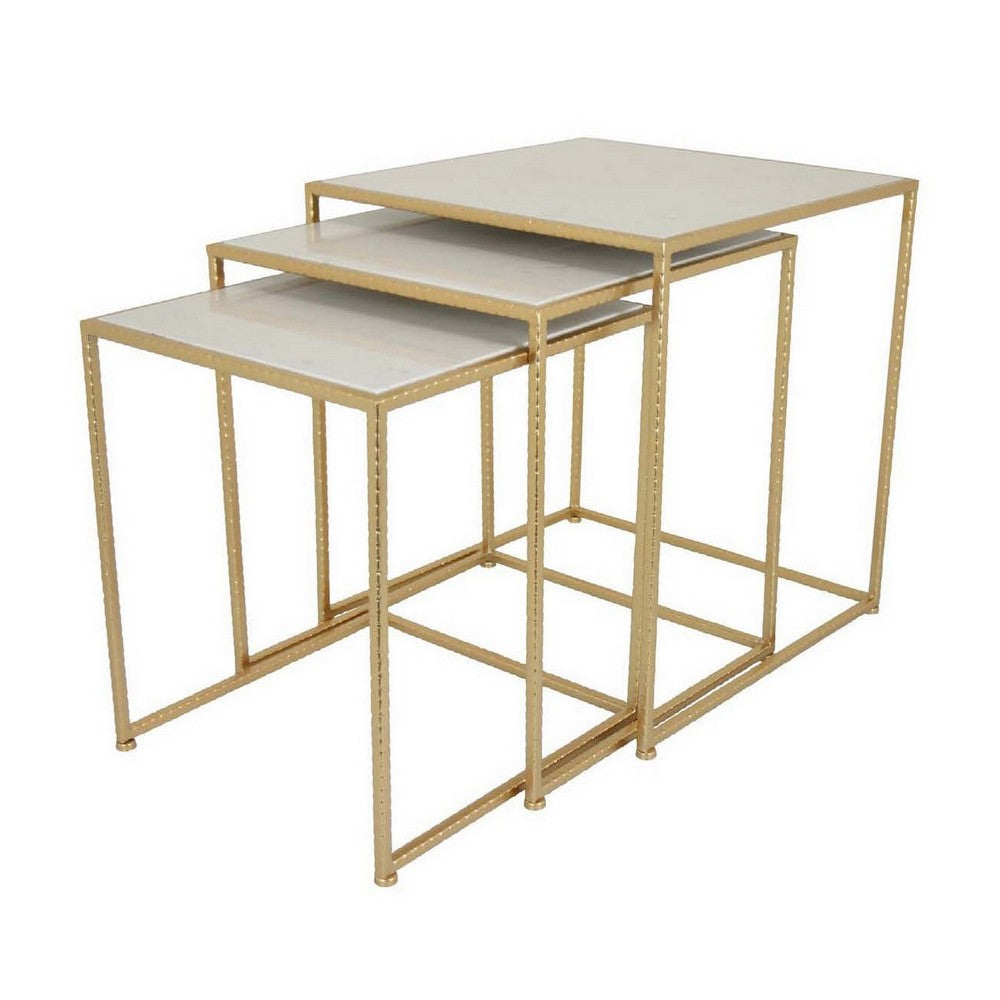 Neci Plant Stand Table Set of 3, Nesting Open Metal Gold Frame, White Top