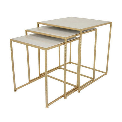 Neci Plant Stand Table Set of 3, Nesting Open Metal Gold Frame, White Top