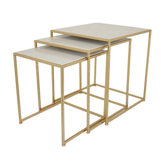 Neci Plant Stand Table Set of 3, Nesting Open Metal Gold Frame, White Top