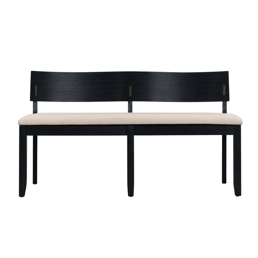 Celi 53 Inch Dining Bench, Cream Fabric Seat, Matte Black Wood Frame