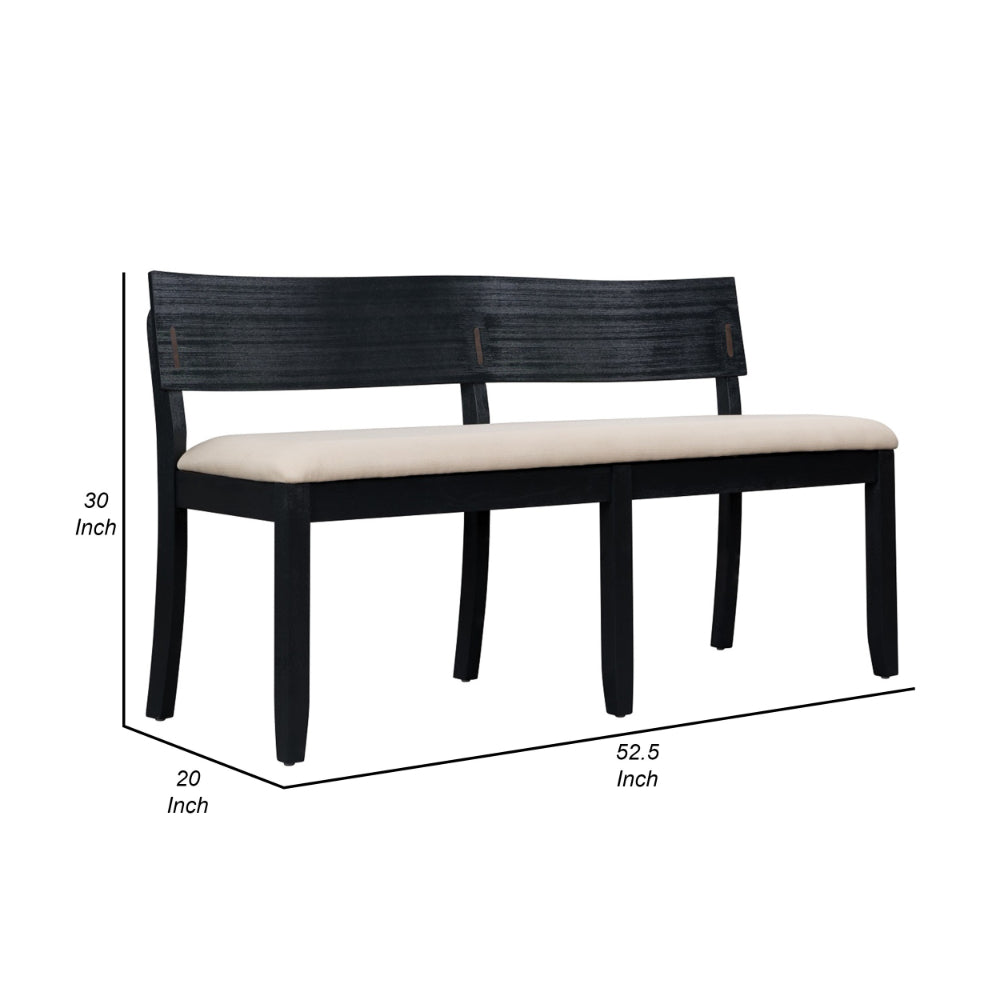 Celi 53 Inch Dining Bench, Cream Fabric Seat, Matte Black Wood Frame