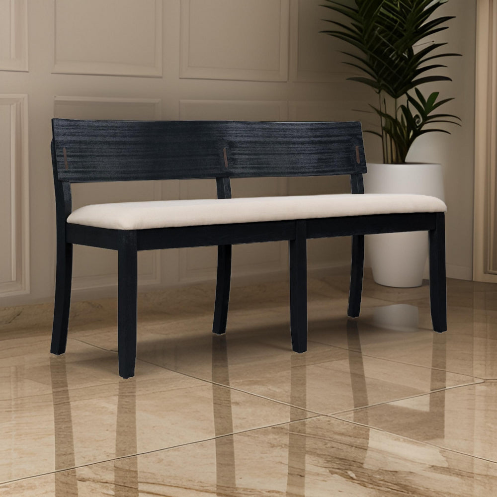 Celi 53 Inch Dining Bench, Cream Fabric Seat, Matte Black Wood Frame