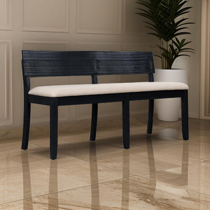 Celi 53 Inch Dining Bench, Cream Fabric Seat, Matte Black Wood Frame