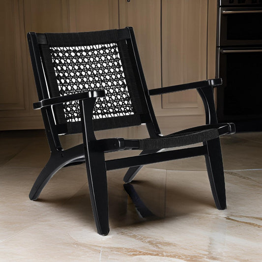 Heor 29 Inch Accent Chair, Hexagon Rope Woven Back, Seat, Black Wood