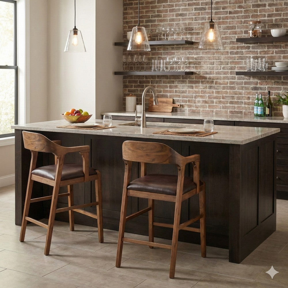 Rase 24 Inch Counter Stool Chair, Faux Leather, Open Back, Brown Wood