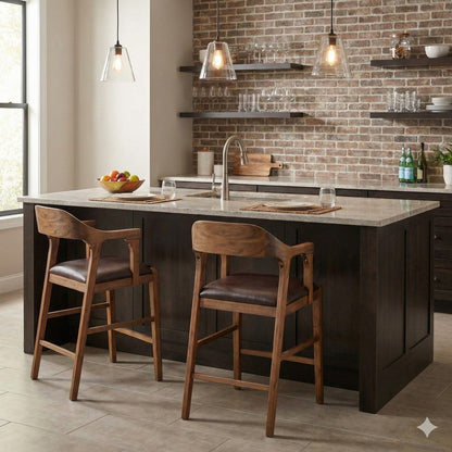 Rase 24 Inch Counter Stool Chair, Faux Leather, Open Back, Brown Wood