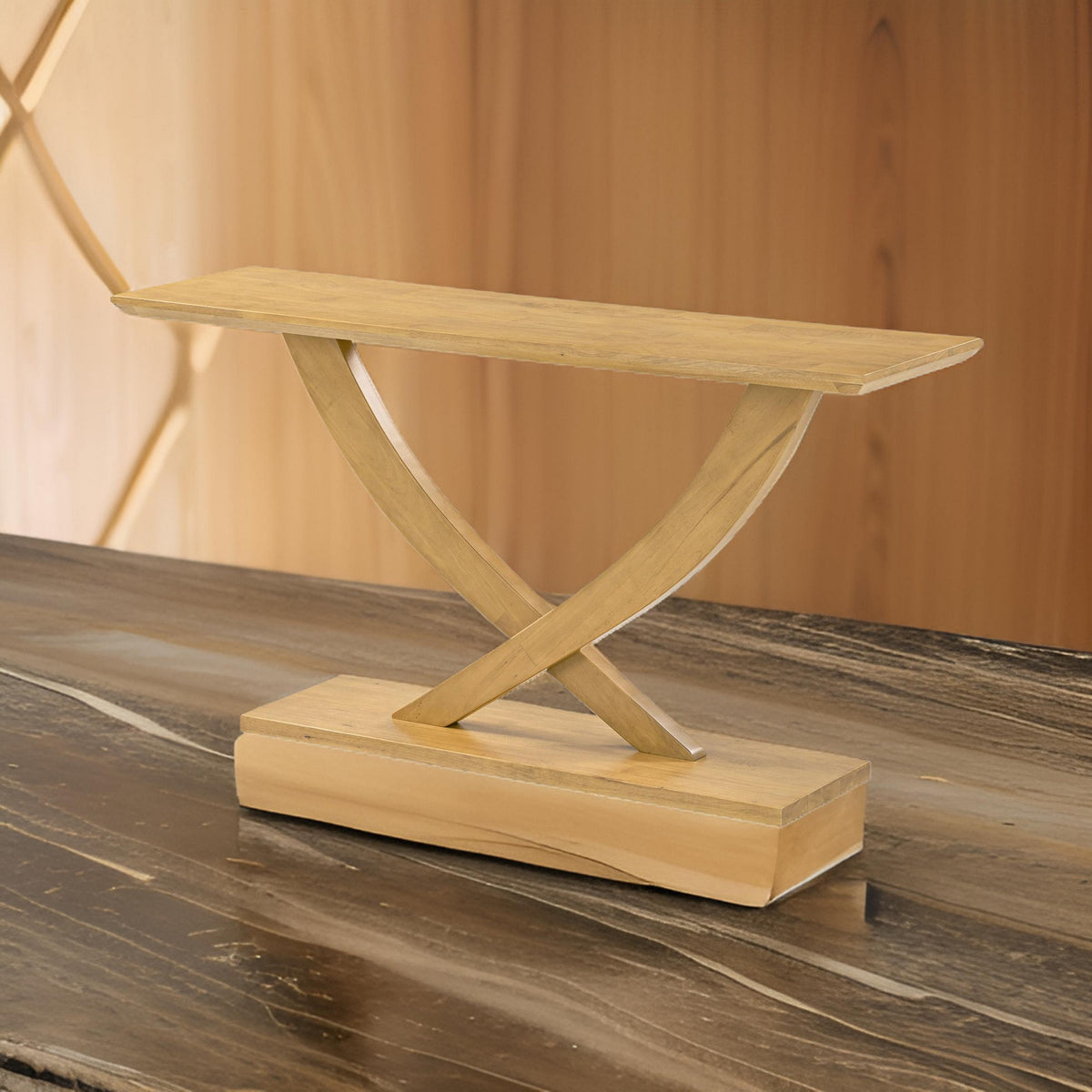 Rase 57 Inch Console Table, Cross Leg Design, Pedestal Base, Brown Wood