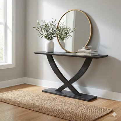 Rase 57 Inch Console Table, Cross Leg Design, Pedestal Base, Black Wood