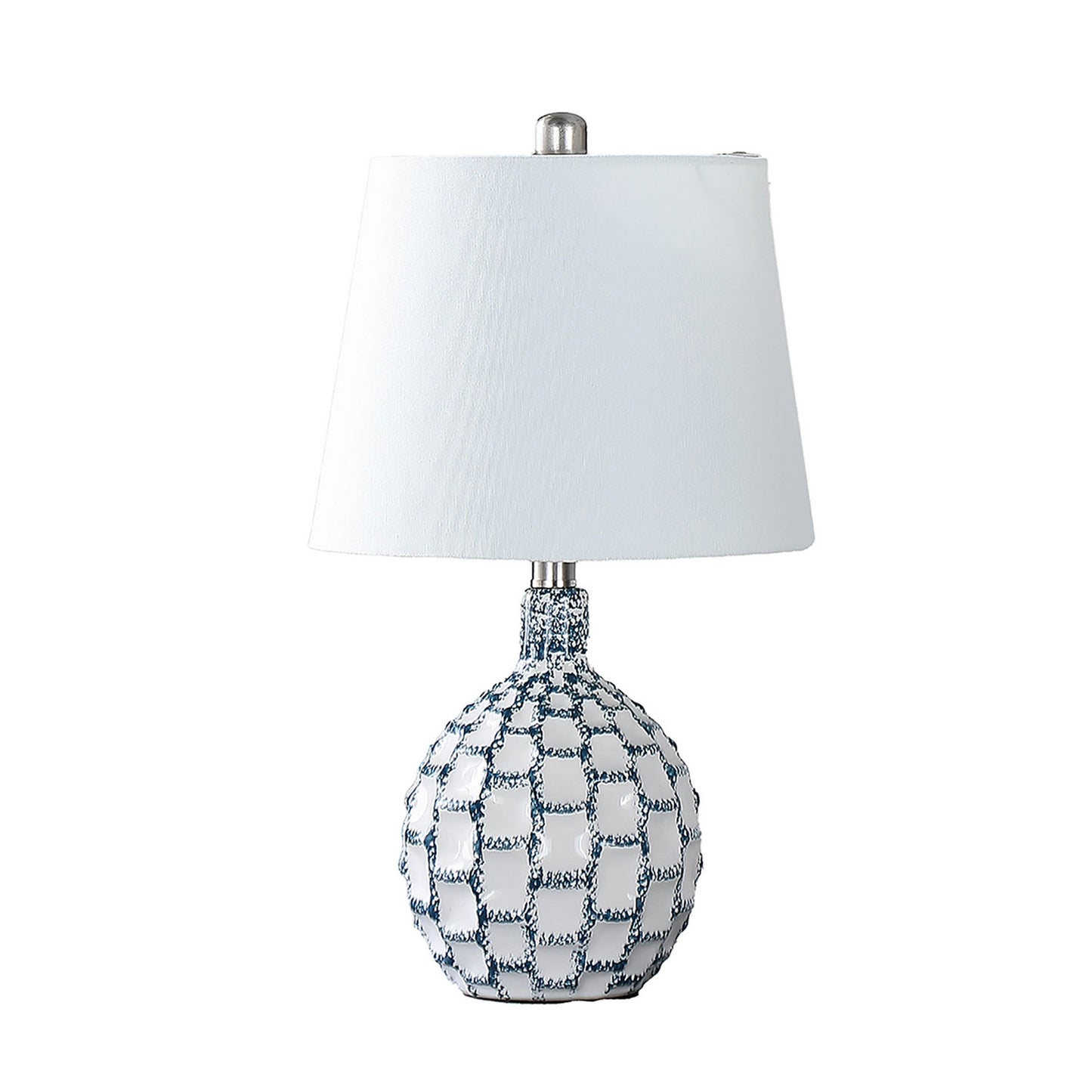 20 Inch Table Lamp, Luxurious Lattice Ceramic Body, Drum Shade, Blue Silver