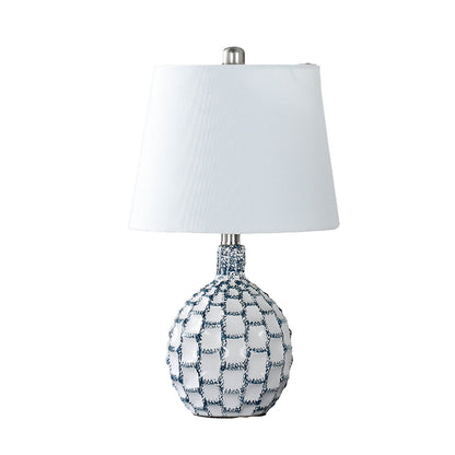 20 Inch Table Lamp, Luxurious Lattice Ceramic Body, Drum Shade, Blue Silver