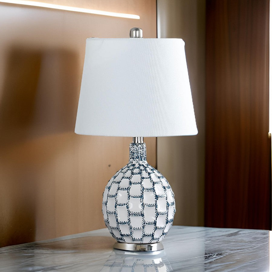 20 Inch Table Lamp, Luxurious Lattice Ceramic Body, Drum Shade, Blue Silver
