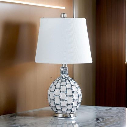 20 Inch Table Lamp, Luxurious Lattice Ceramic Body, Drum Shade, Blue Silver