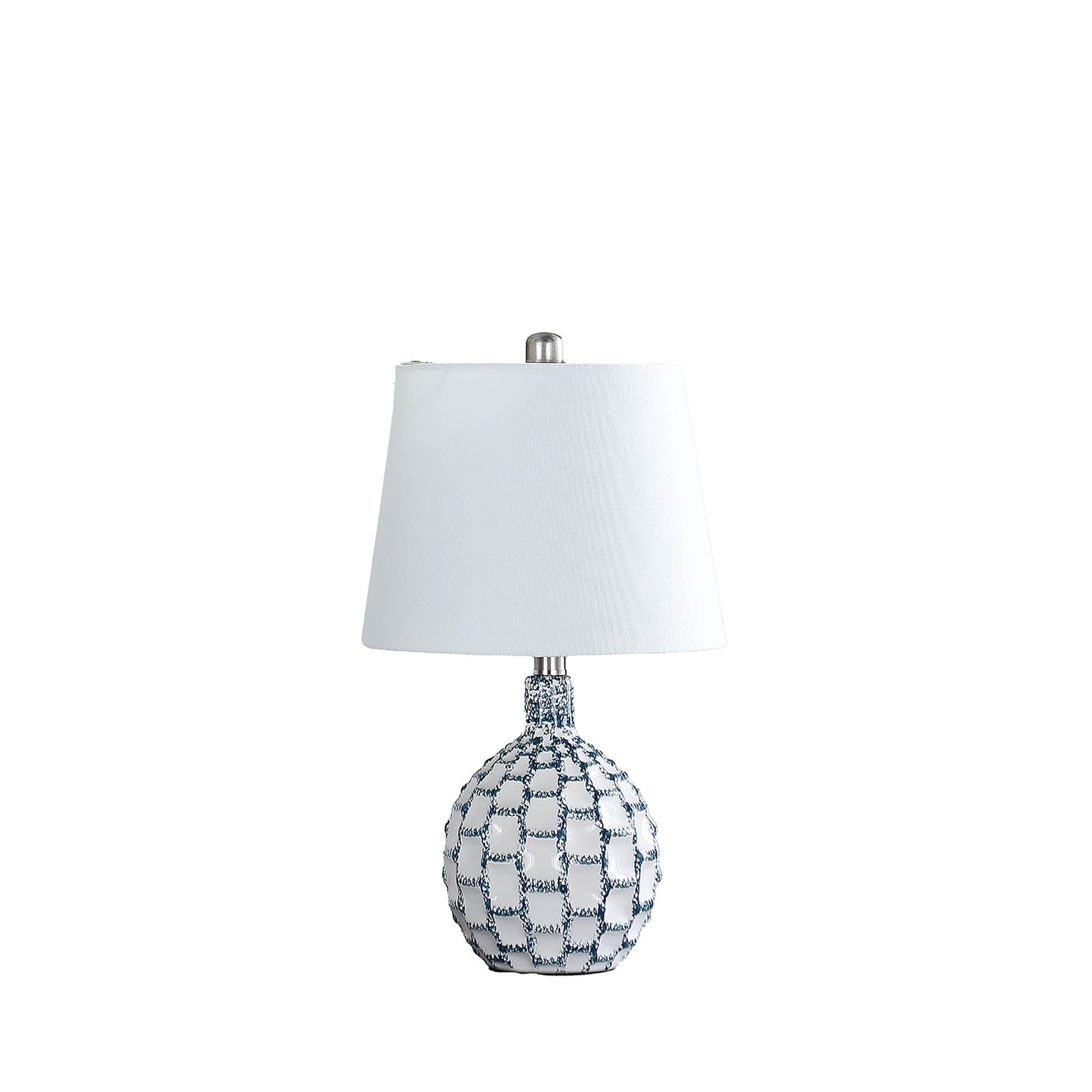 20 Inch Table Lamp, Luxurious Lattice Ceramic Body, Drum Shade, Blue Silver