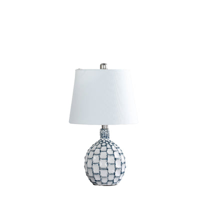 20 Inch Table Lamp, Luxurious Lattice Ceramic Body, Drum Shade, Blue Silver