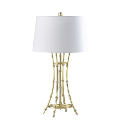 Lisi 29 Inch Table Lamp, White Drum Shade, Gold Mettalic Bamboo Style Base
