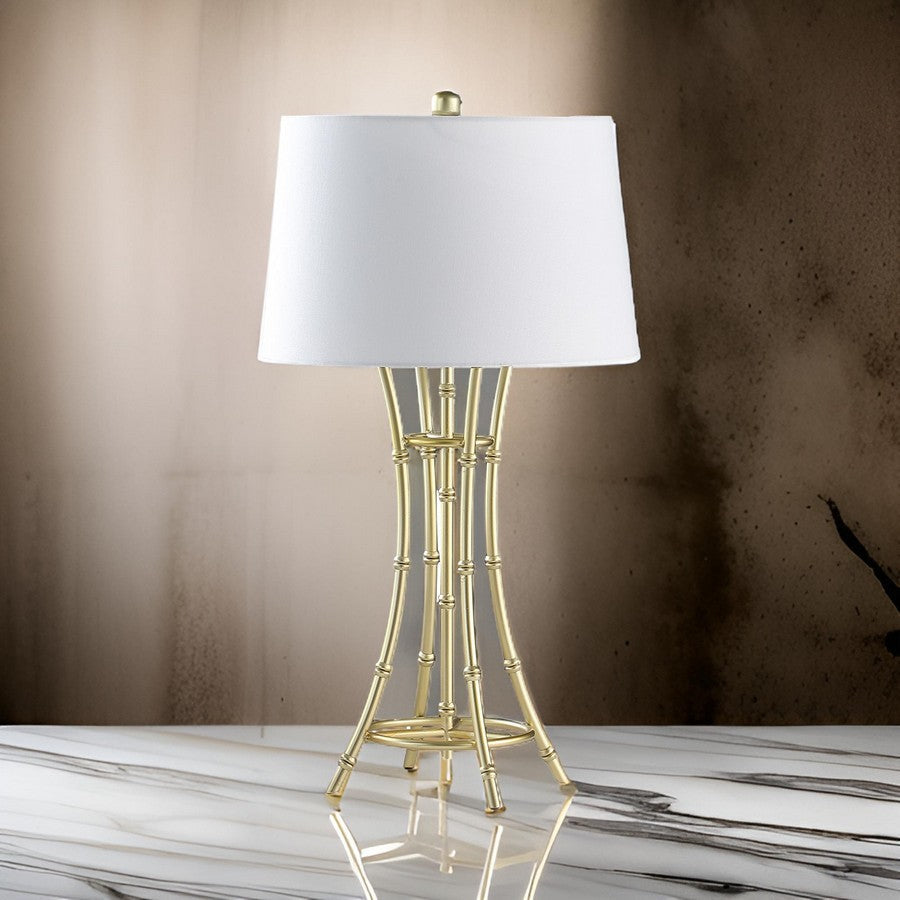 Lisi 29 Inch Table Lamp, White Drum Shade, Gold Mettalic Bamboo Style Base