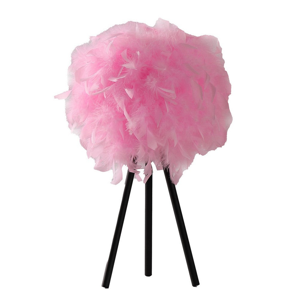 Rio 21 Inch Accent Table Lamp, Pink Feather Shade, Black Metal Tripod Base