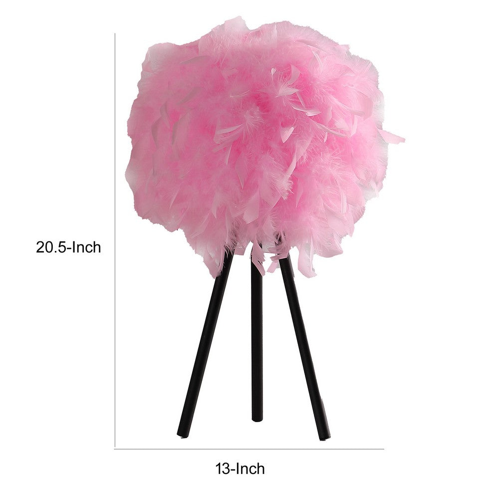 Rio 21 Inch Accent Table Lamp, Pink Feather Shade, Black Metal Tripod Base