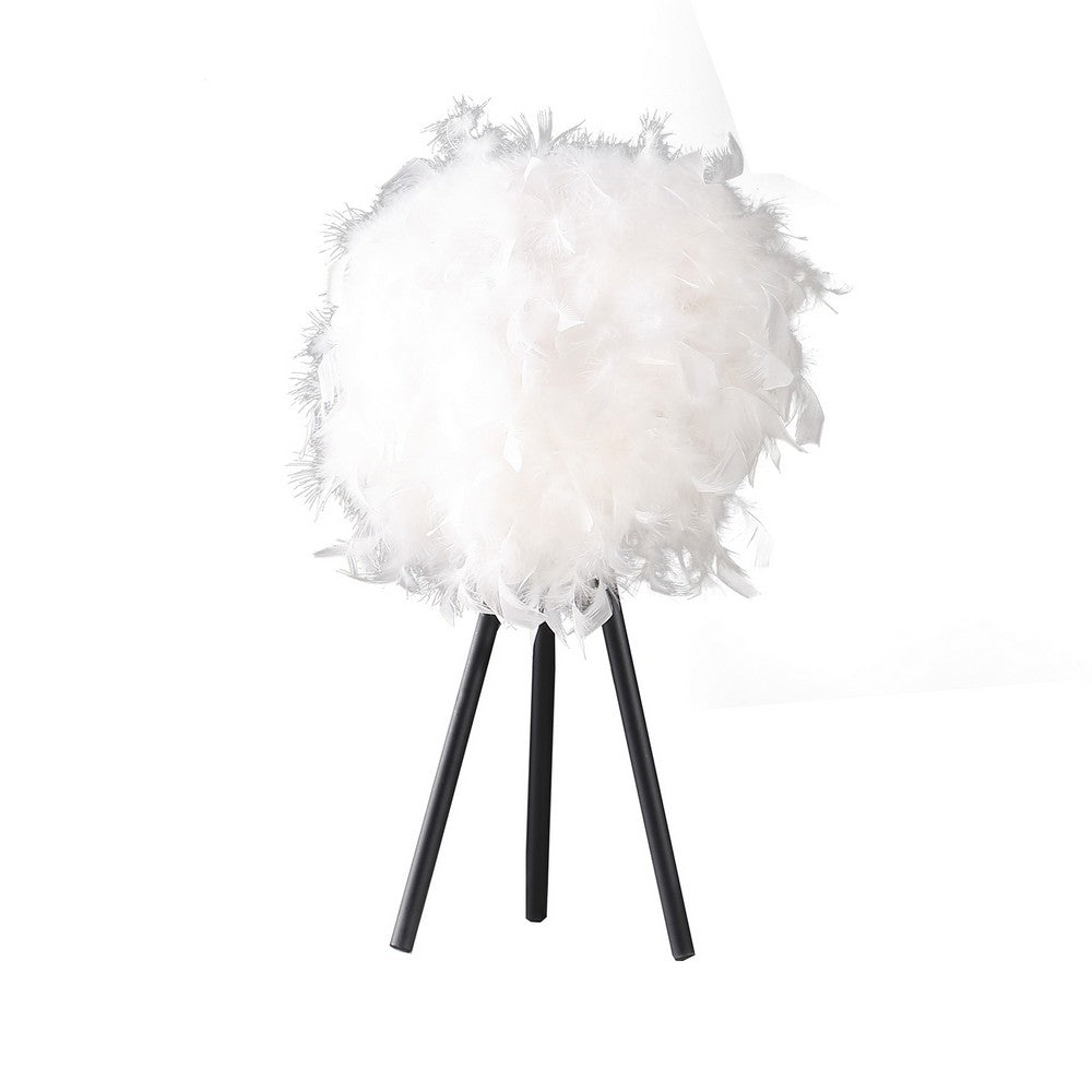 Rio 21 Inch Accent Table Lamp, White Feather Shade, Black Metal Tripod Base
