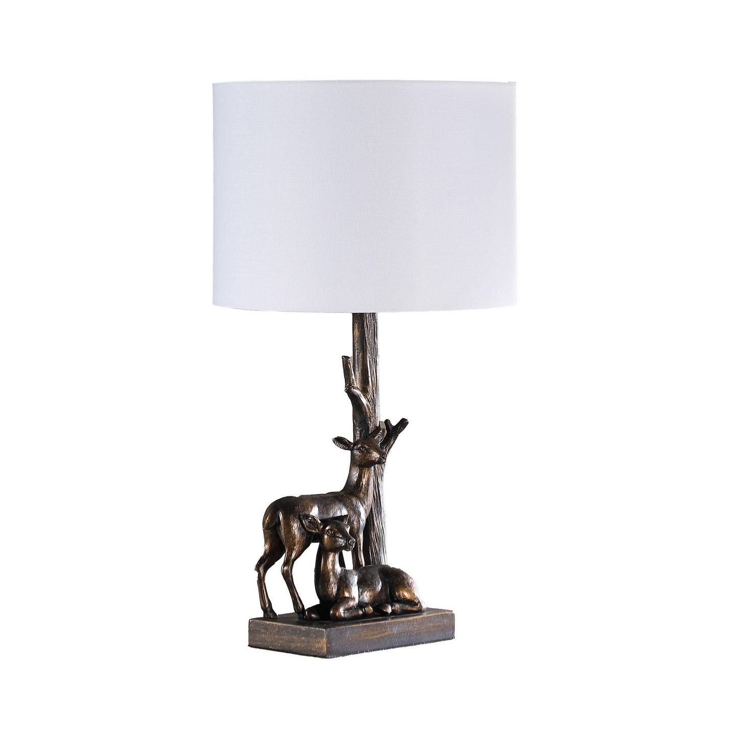 20 Inch Accent Table Lamp, Dual Roe Deer Design, White Drum Shade, Bronze