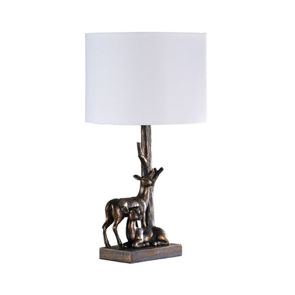 20 Inch Accent Table Lamp, Dual Roe Deer Design, White Drum Shade, Bronze