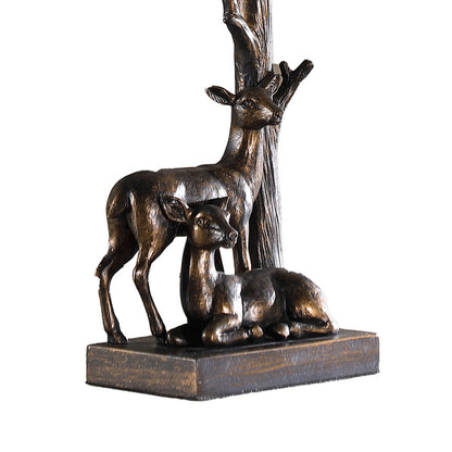 20 Inch Accent Table Lamp, Dual Roe Deer Design, White Drum Shade, Bronze
