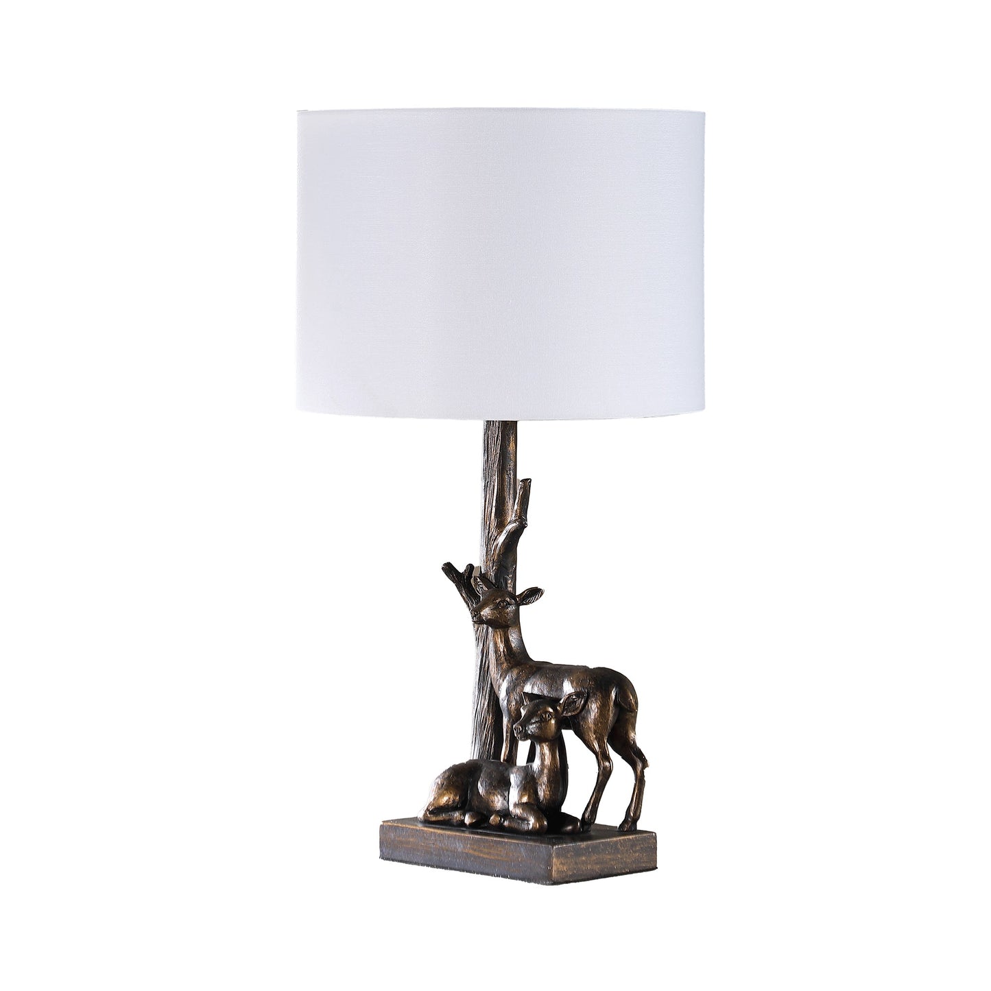 20 Inch Accent Table Lamp, Dual Roe Deer Design, White Drum Shade, Bronze