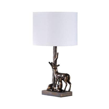 20 Inch Accent Table Lamp, Dual Roe Deer Design, White Drum Shade, Bronze