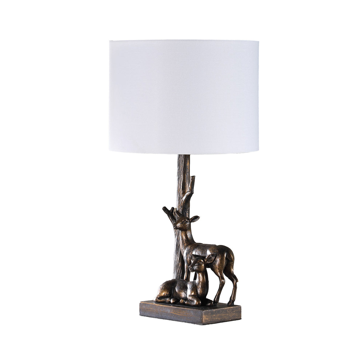 20 Inch Accent Table Lamp, Dual Roe Deer Design, White Drum Shade, Bronze