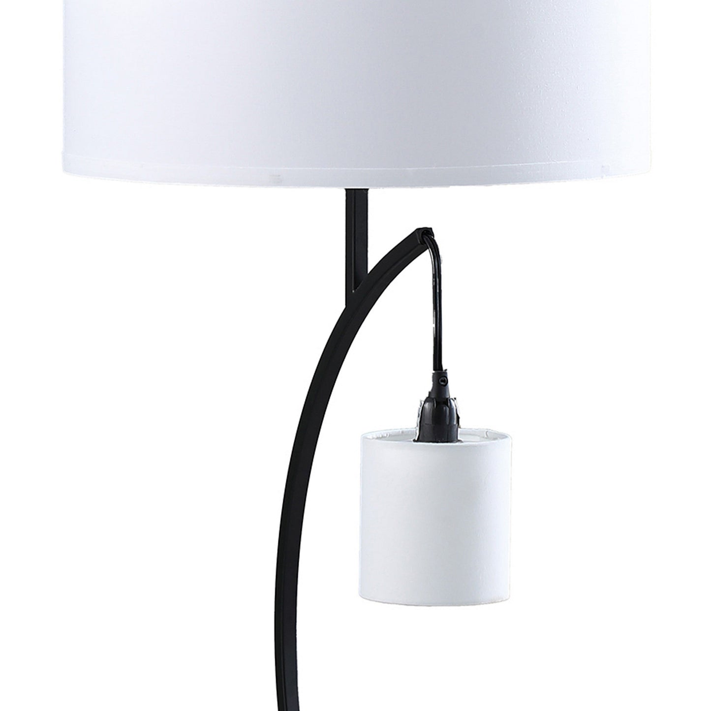 Jiya 29 Inch Arc Table Lamp, Hanging Design, 2 White Drum Shades, Black