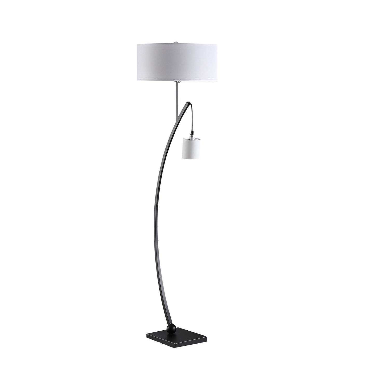 Jiya 59 Inch Arc Floor Lamp, Hanging Design, 2 White Drum Shades, Black