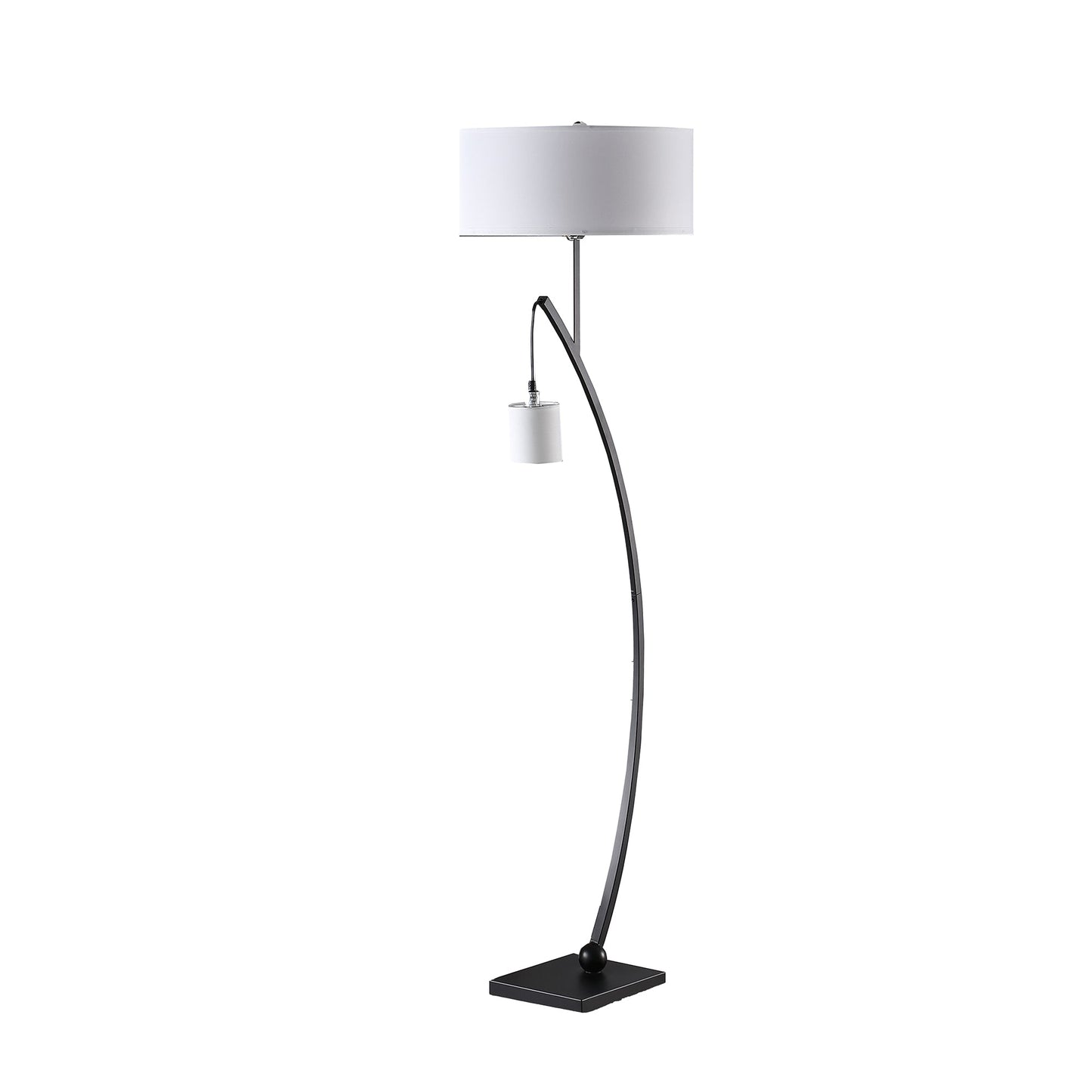 Jiya 59 Inch Arc Floor Lamp, Hanging Design, 2 White Drum Shades, Black