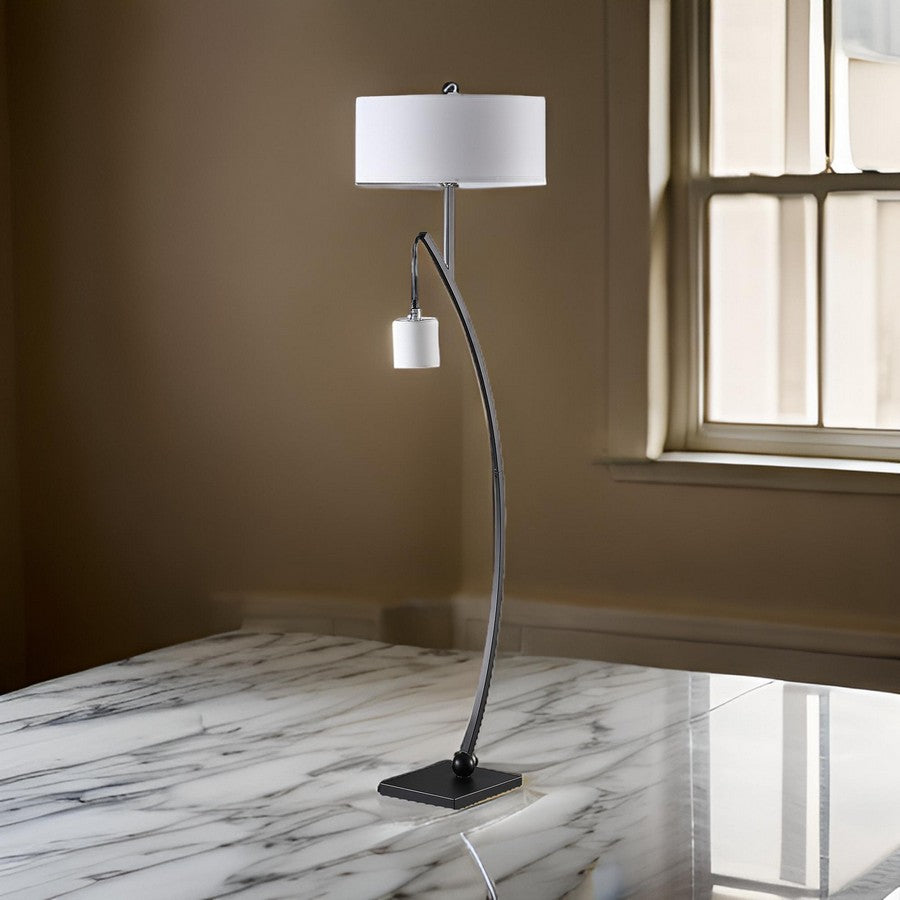 Jiya 59 Inch Arc Floor Lamp, Hanging Design, 2 White Drum Shades, Black