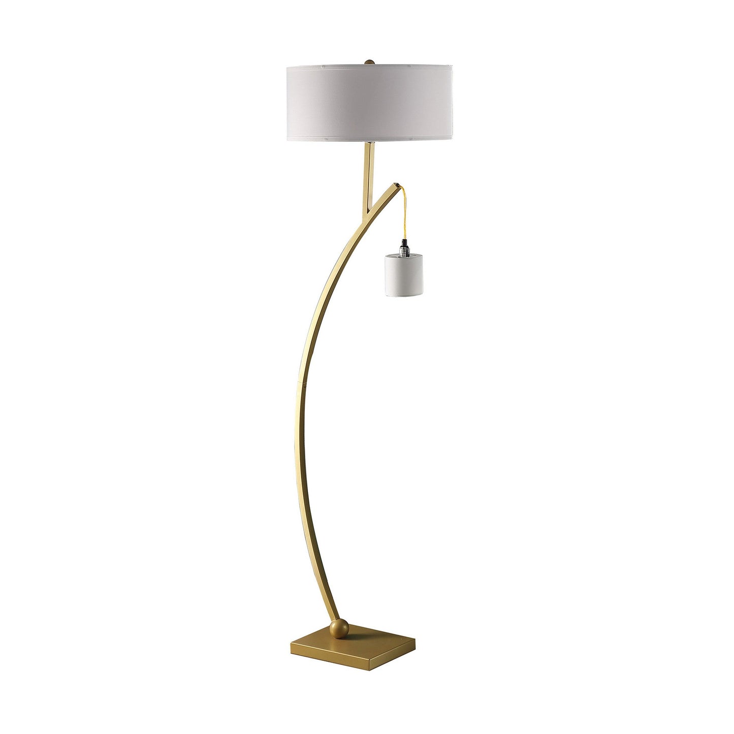 Jiya 59 Inch Arc Floor Lamp, Hanging Design, 2 White Drum Shades, Gold