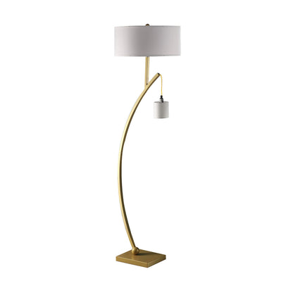 Jiya 59 Inch Arc Floor Lamp, Hanging Design, 2 White Drum Shades, Gold