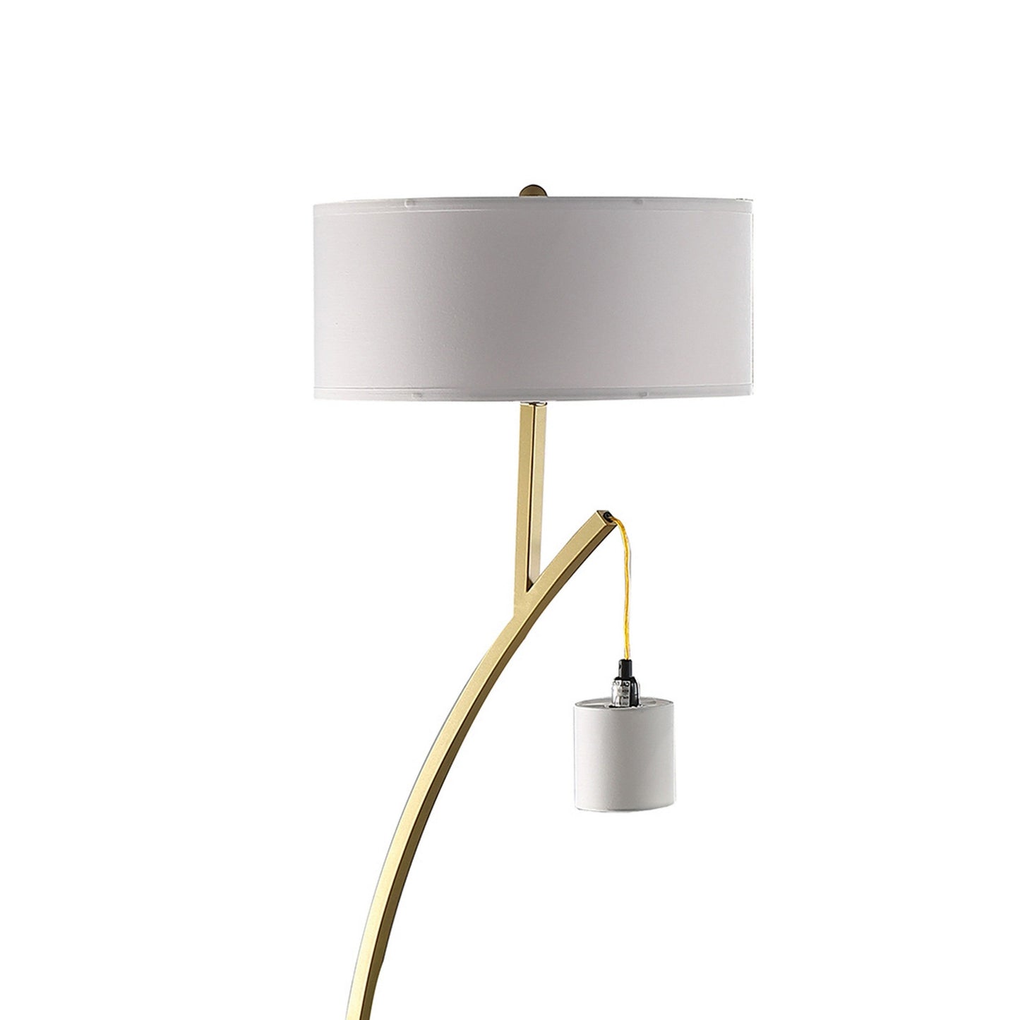 Jiya 59 Inch Arc Floor Lamp, Hanging Design, 2 White Drum Shades, Gold