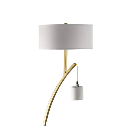 Jiya 59 Inch Arc Floor Lamp, Hanging Design, 2 White Drum Shades, Gold