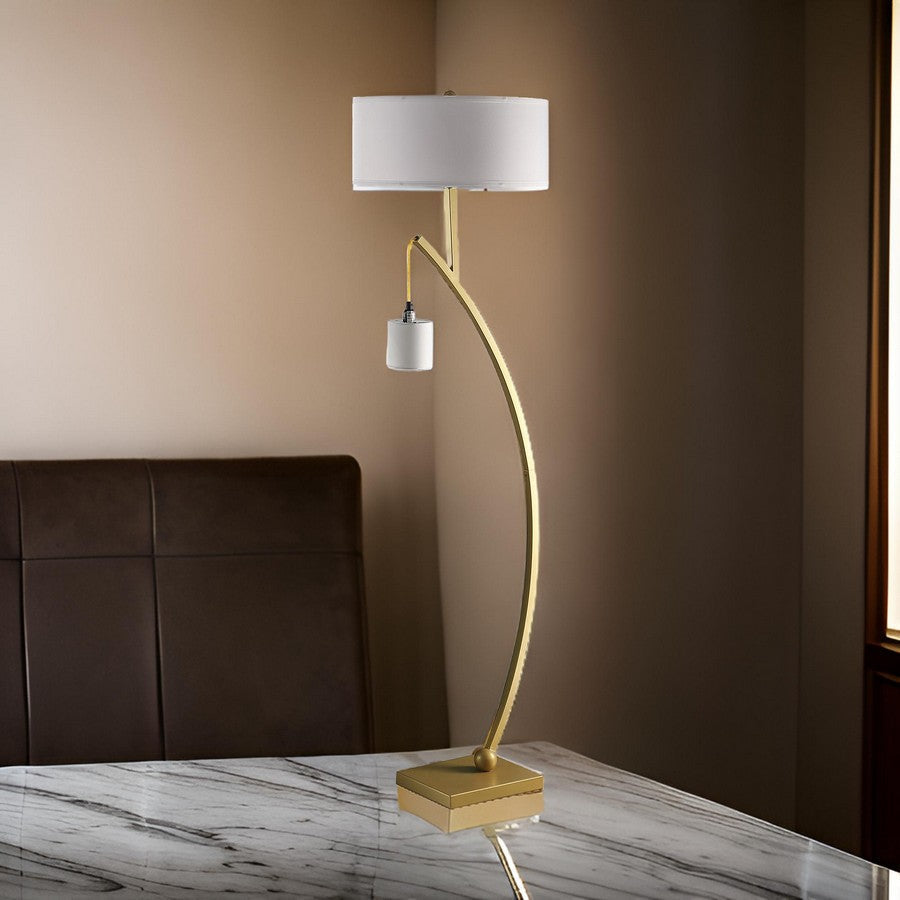 Jiya 59 Inch Arc Floor Lamp, Hanging Design, 2 White Drum Shades, Gold